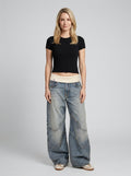 Nova | Women's Baggy Wide-Leg Jeans, Ribbed Waistband Urban Pants - Blue - Front [Lystr 6a7463b25d32fba9c72a61ba:front]