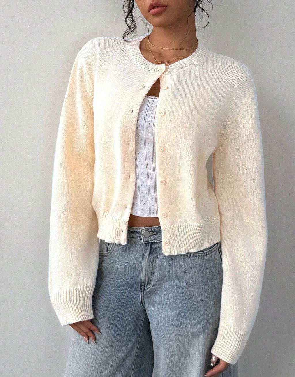 Amara | Women's Cardigan, Cropped Round Neck Button-Up Knit Winter Cardigan