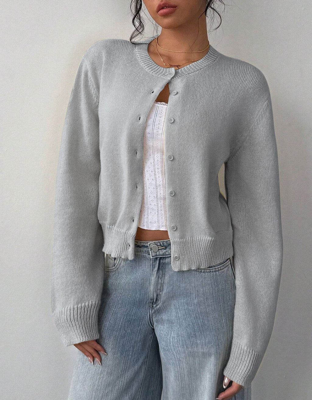 Amara | Women's Cardigan, Cropped Round Neck Button-Up Knit Winter Cardigan