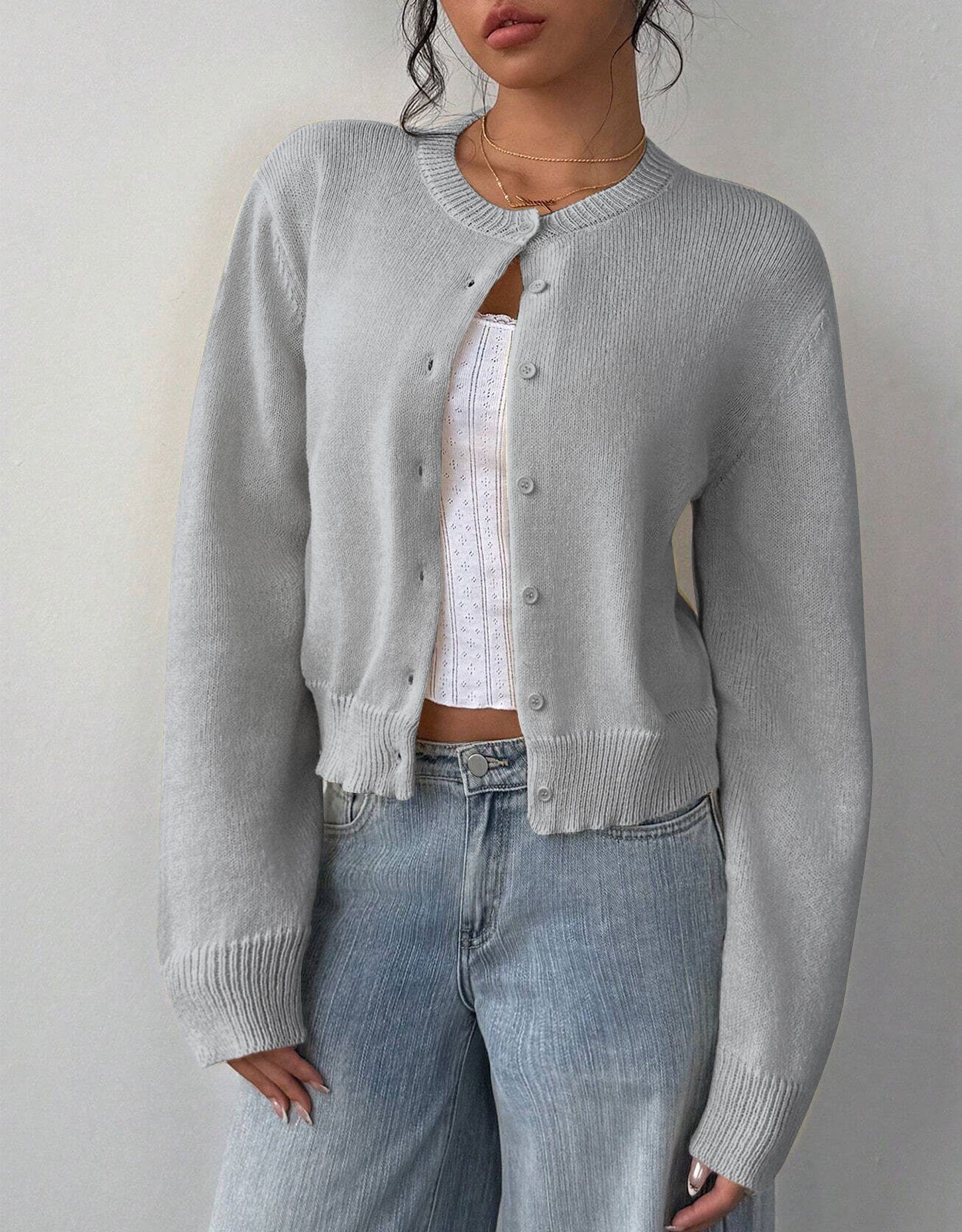 Amara | Women's Cardigan, Cropped Round Neck Button-Up Knit Winter Cardigan