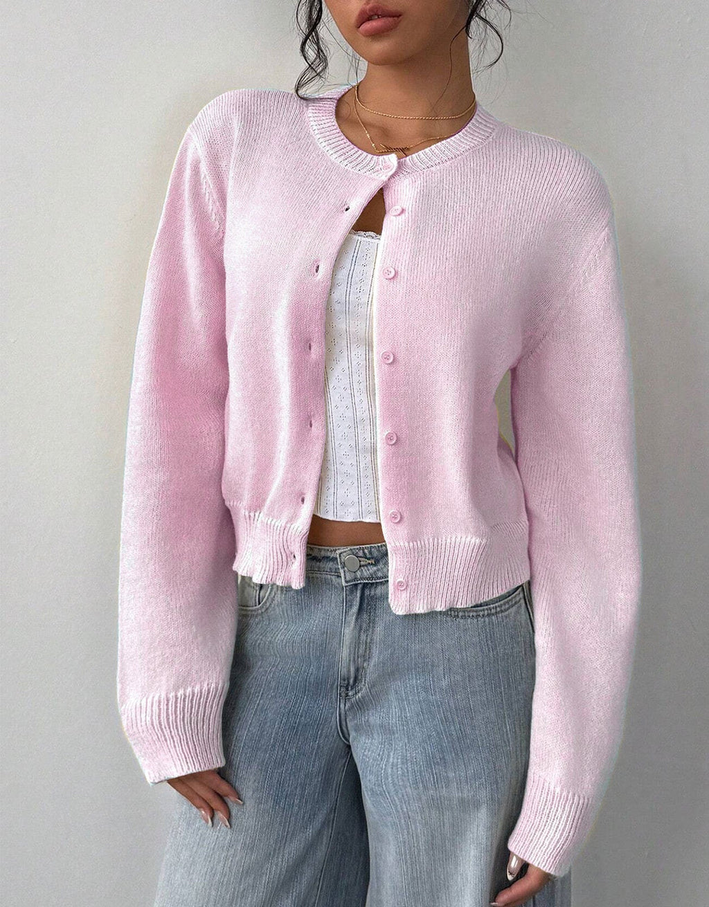Amara | Women's Cardigan, Cropped Round Neck Button-Up Knit Winter Cardigan