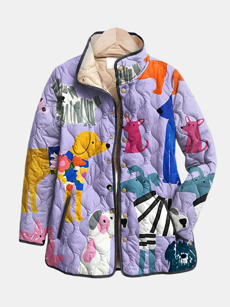 Rhea | Women's Quilted Jacket, Dog Print Casual Winter Jacket - Floral