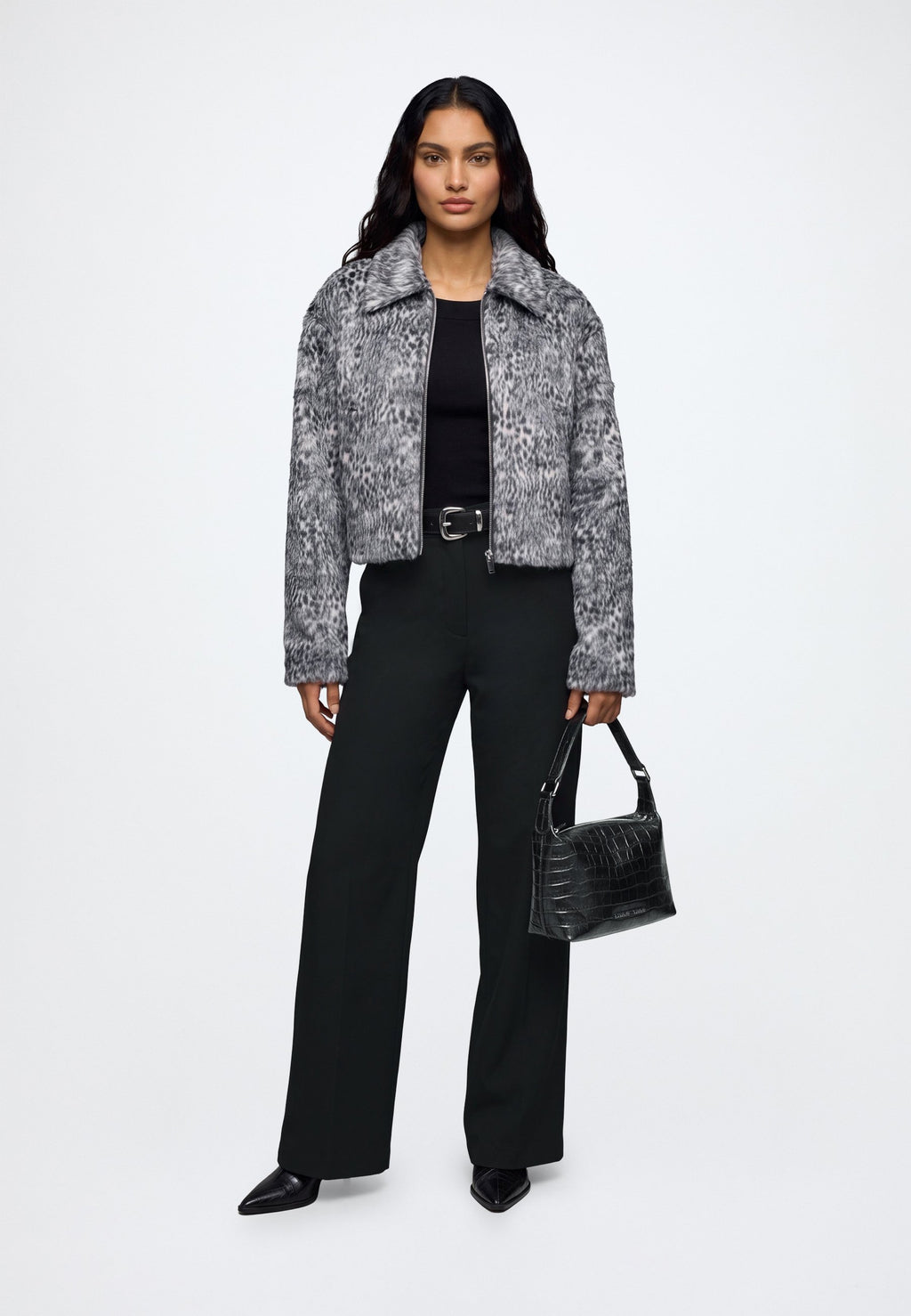 Coco | Women's Faux Fur Animal Print Jacket Turn Down Collar Zip Front Casual Winter