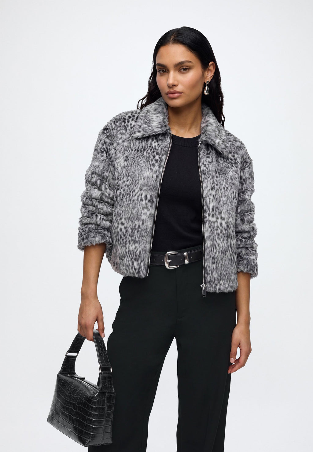 Coco | Women's Faux Fur Animal Print Jacket Turn Down Collar Zip Front Casual Winter