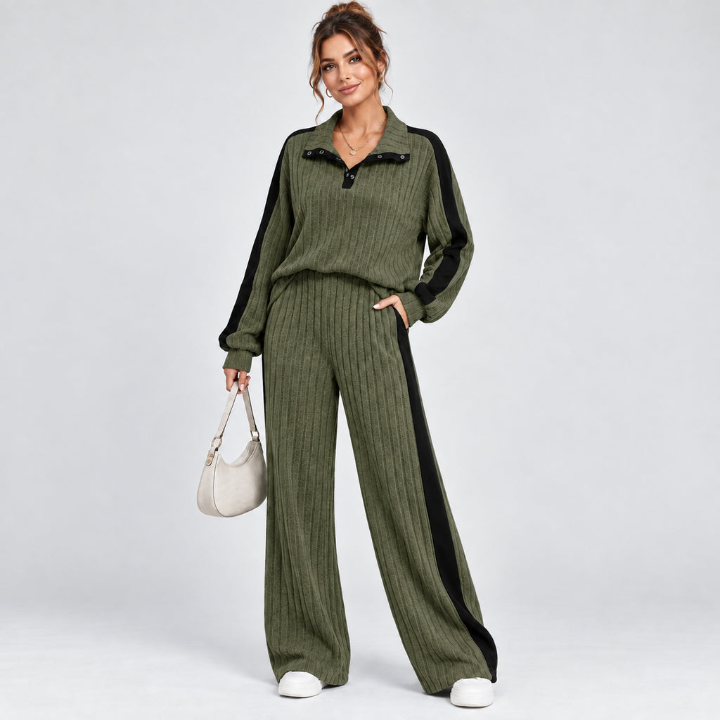 Colette | Women's Striped Knit Lounge Set Contrast Trim Two Piece