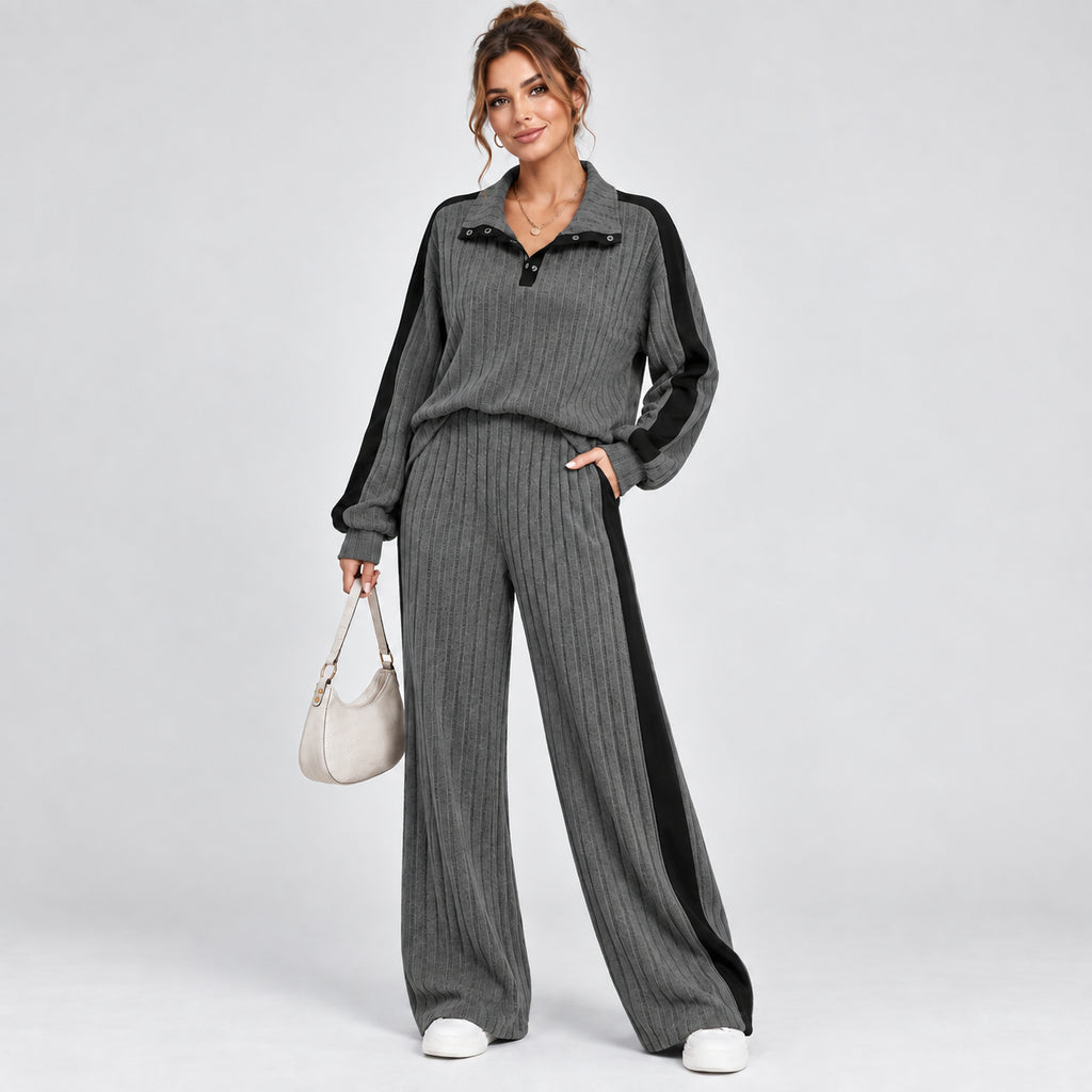 Colette | Women's Striped Knit Lounge Set Contrast Trim Two Piece
