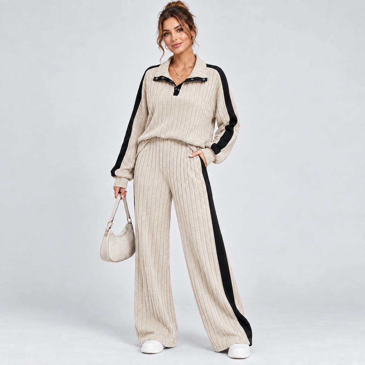 Colette | Women's Striped Knit Lounge Set Contrast Trim Two Piece
