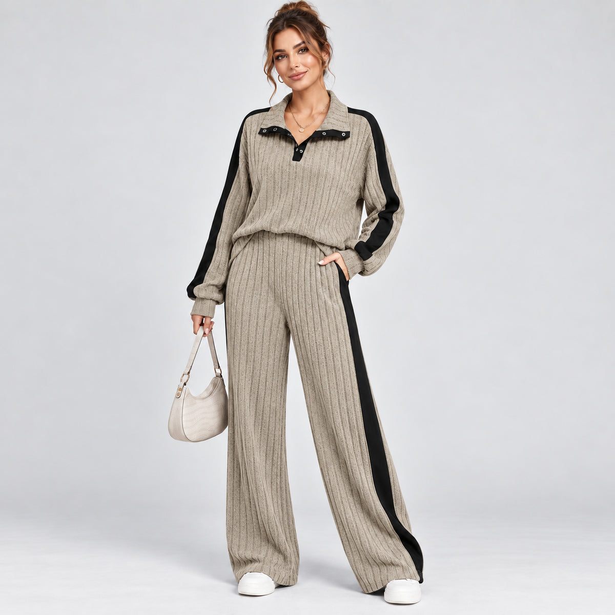 Colette | Women's Striped Knit Lounge Set Contrast Trim Two Piece