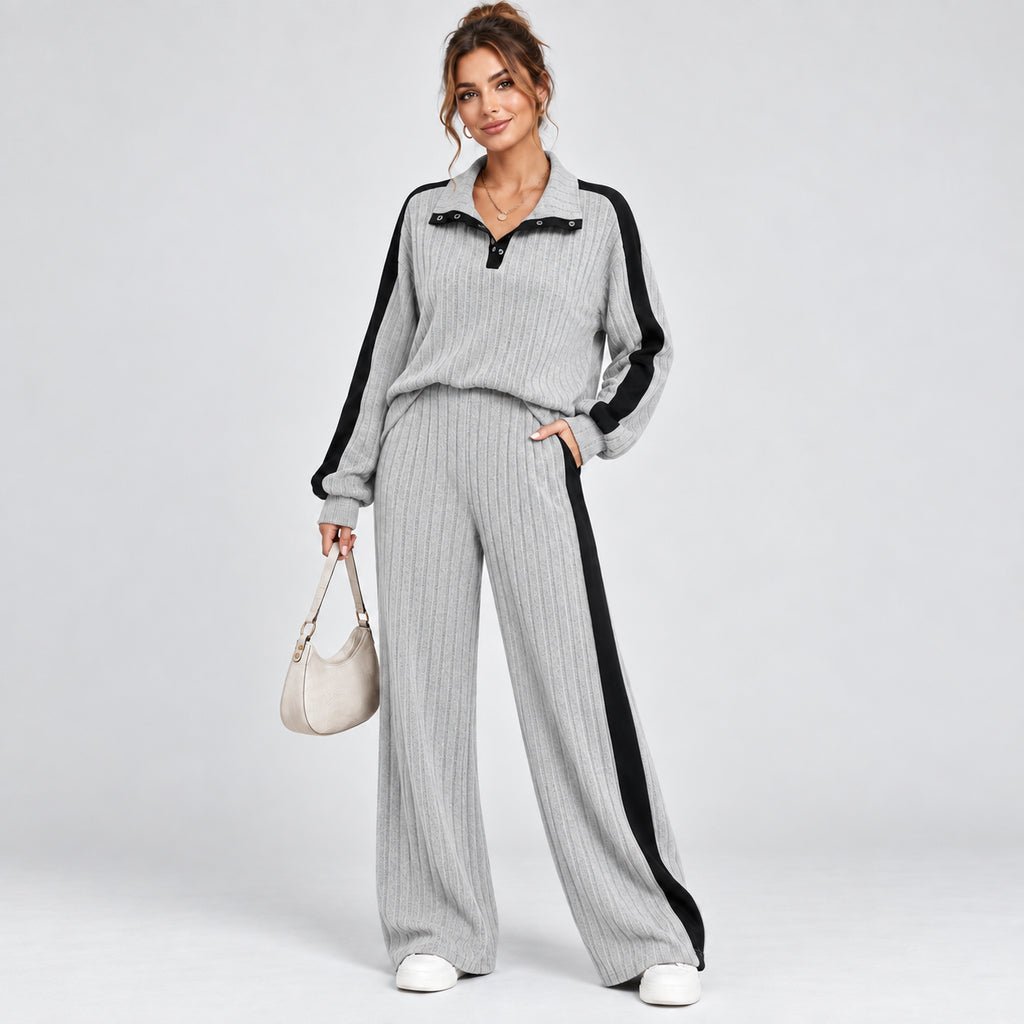Colette | Women's Striped Knit Lounge Set Contrast Trim Two Piece