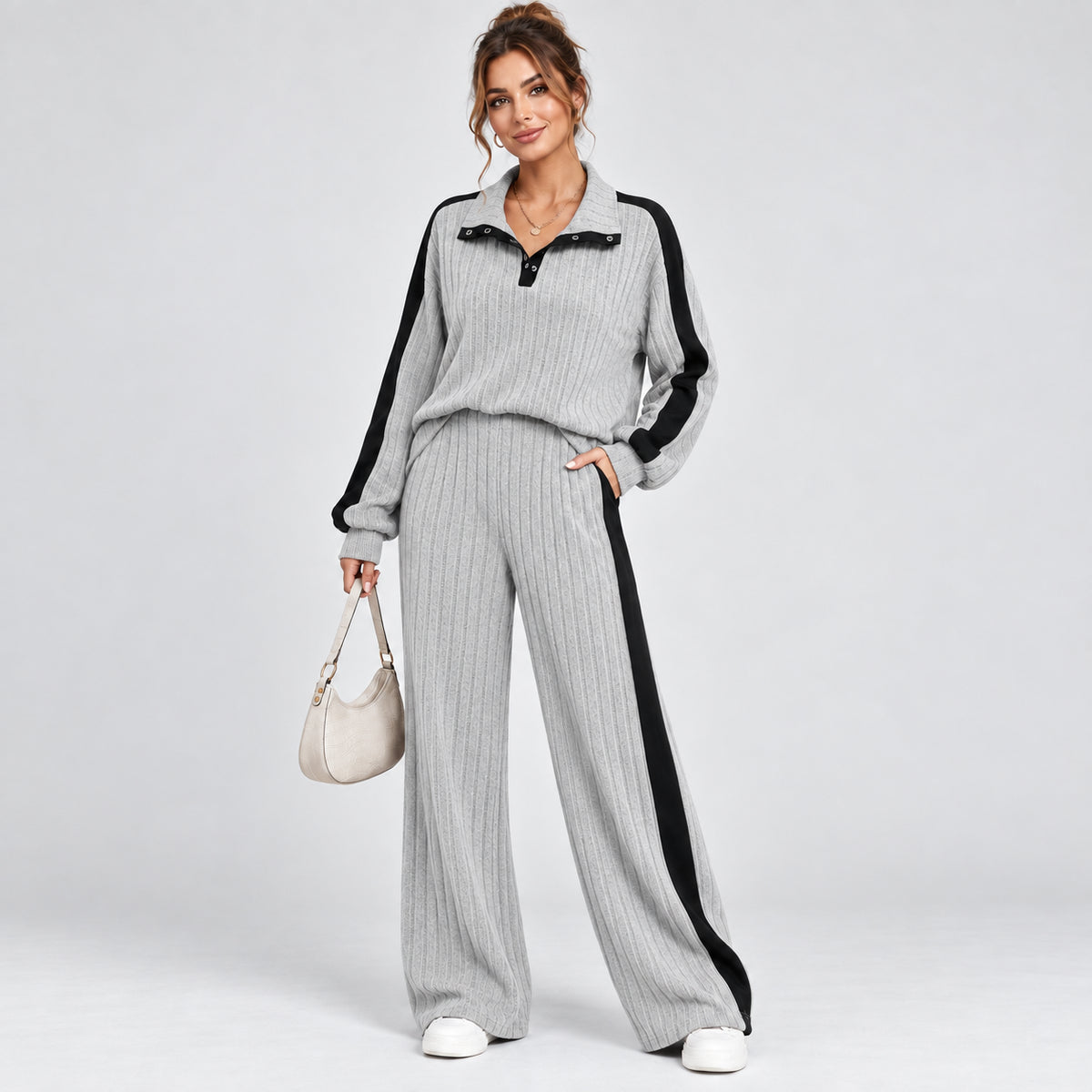 Colette | Women's Striped Knit Lounge Set Contrast Trim Two Piece
