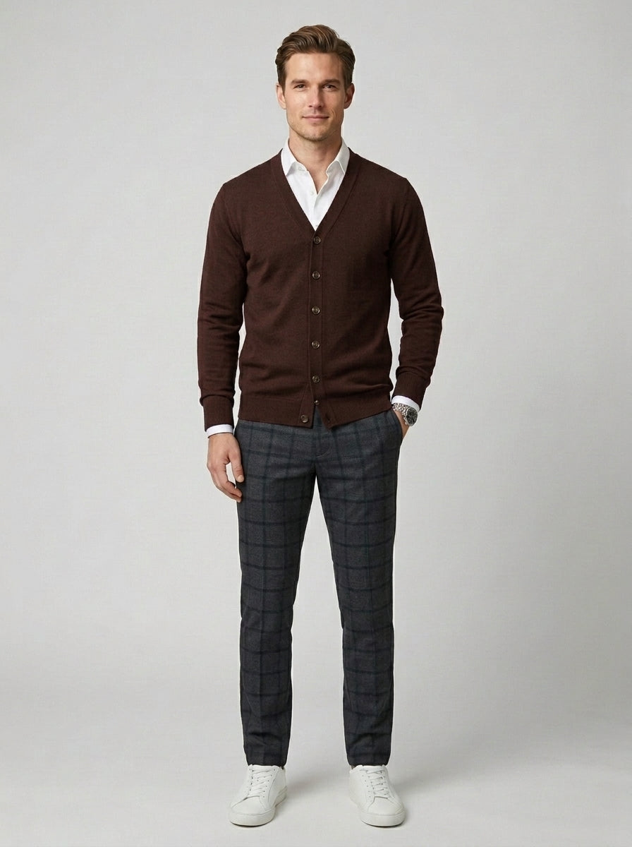 Stefan | Men's Knit Cardigan V Neck Layering Casual Smart - Dark Brown Front [Lystr 6a860d2d346c7d0de359f700:dark brown:front]