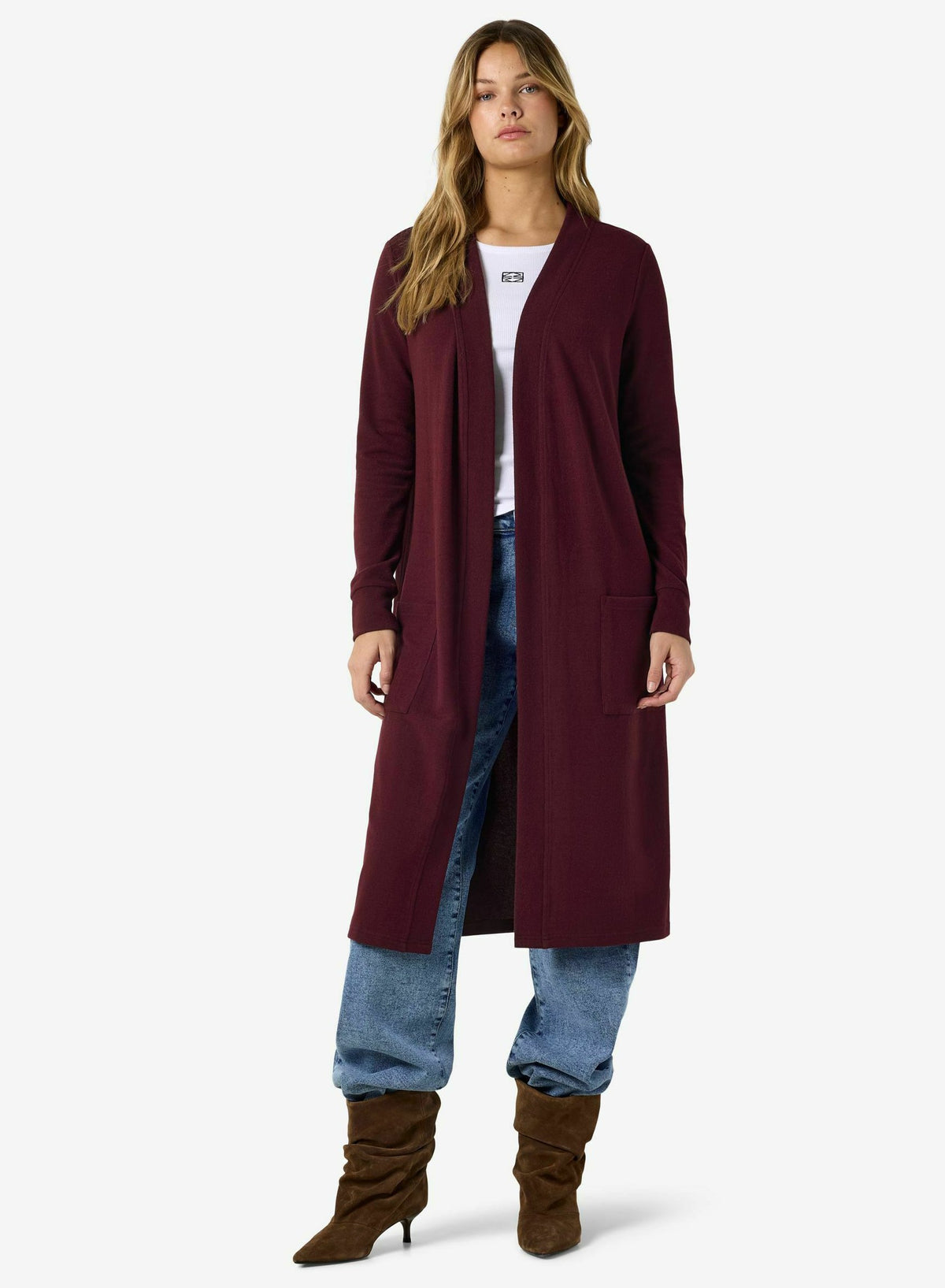 Livia | Women's Long Knit Cardigan, Bordeaux Soft Drape Autumn Winter