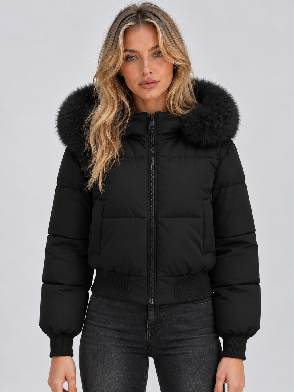 Daphne | Women's Faux Fur Collar Puffer Jacket Full Zip Padded Winter Coat
