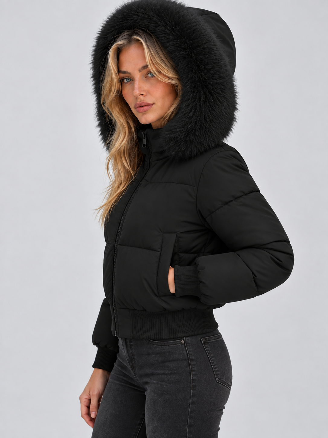 Daphne | Women's Faux Fur Collar Puffer Jacket Full Zip Padded Winter Coat