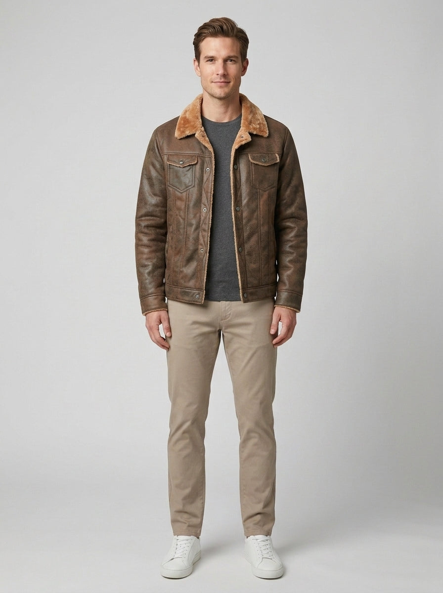 Breuil | Men's Leather Jacket, Winter Shearling Biker Jacket - Front [Lystr 6a8612d6346c7d0de359f74b:front]