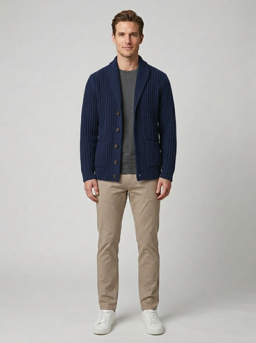 Theo | Men's Chunky Knit Shawl Collar Cardigan Cable Knit Winter Casual - Navy Blue Front [Lystr 6a860cd1346c7d0de359f6f4:navy blue:front]