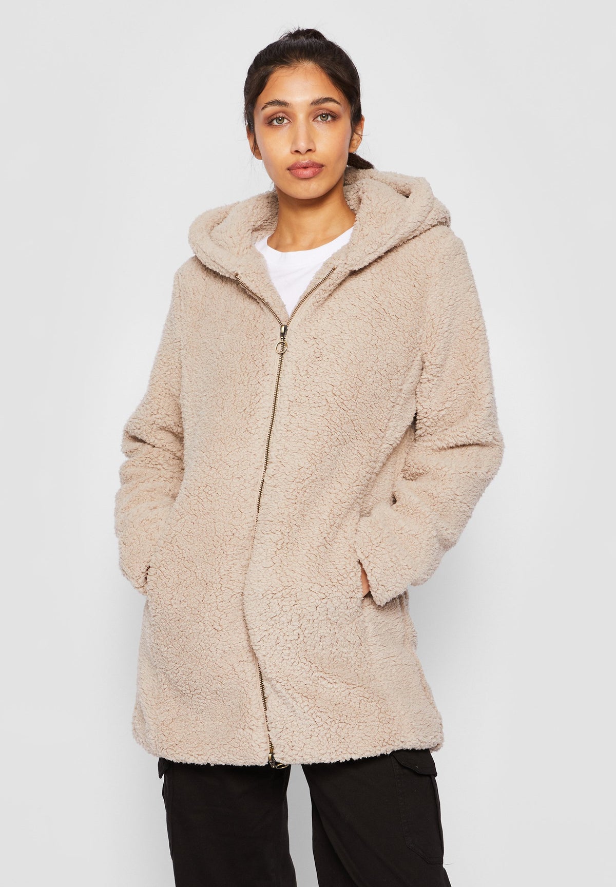 Nora | Women's Sherpa Short Coat, Sand Faux Fur Winter
