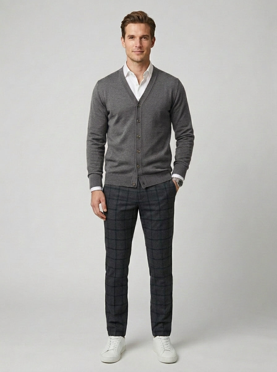Stefan | Men's Knit Cardigan V Neck Layering Casual Smart - Grey Front [Lystr 6a860d2d346c7d0de359f700:grey:front]