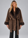 Delphine | Women's Faux Fur Trim Belted Coat Shawl Collar Wrap Jacket