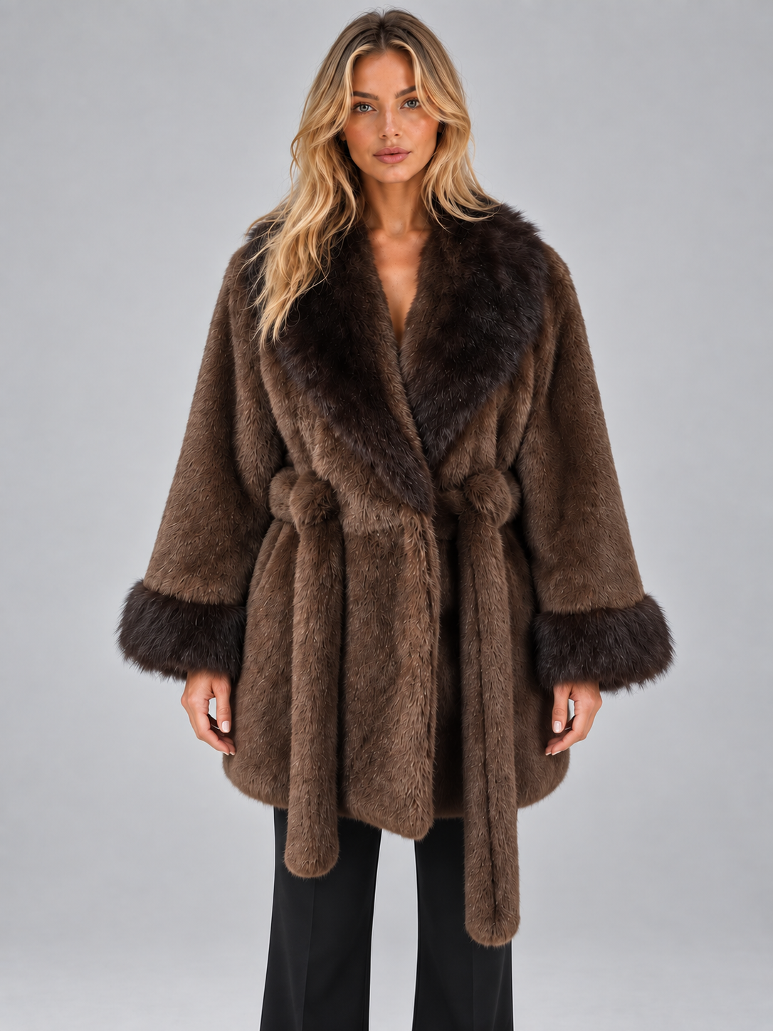 Delphine | Women's Faux Fur Trim Belted Coat Shawl Collar Wrap Jacket
