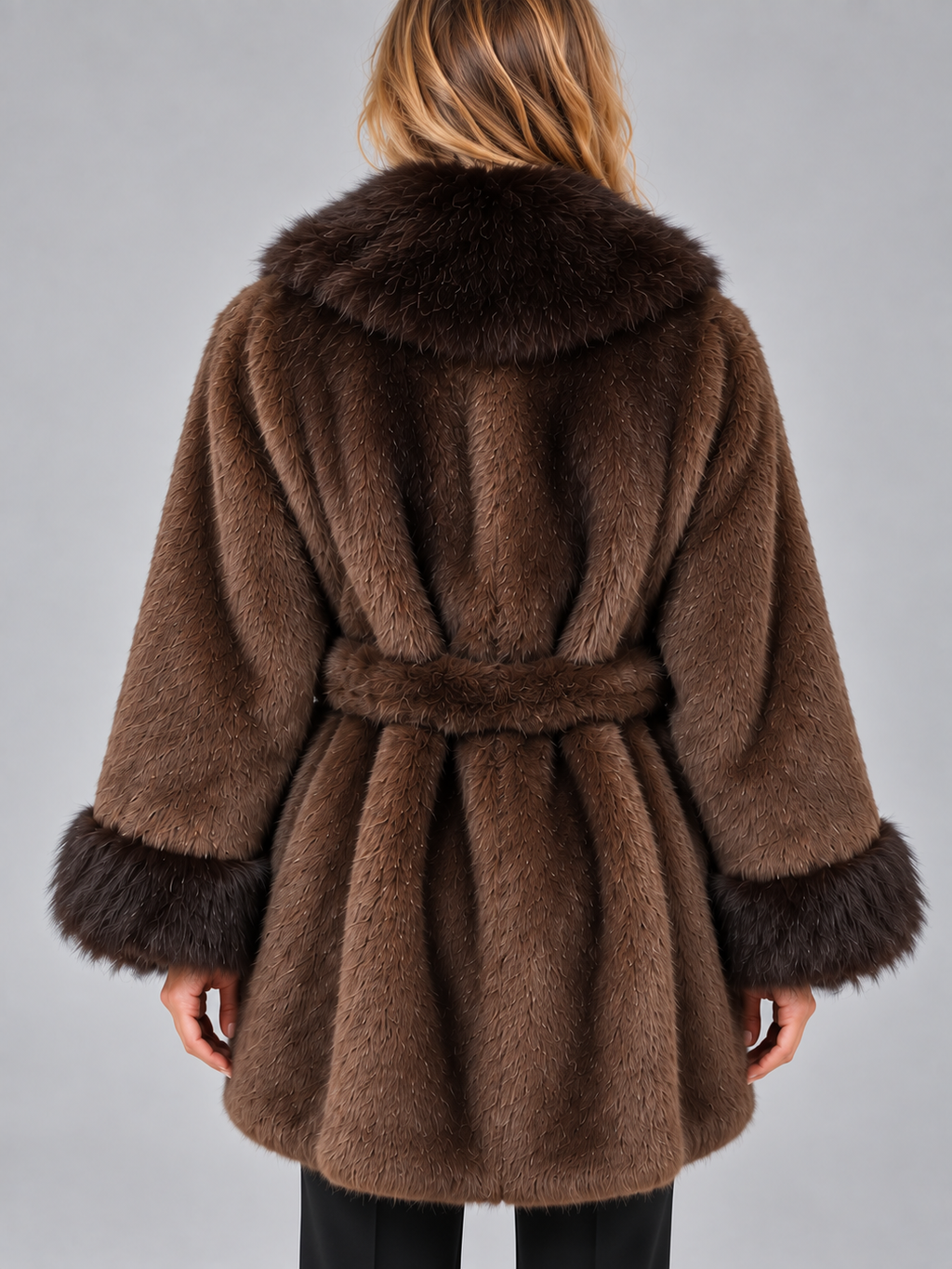Delphine | Women's Faux Fur Trim Belted Coat Shawl Collar Wrap Jacket