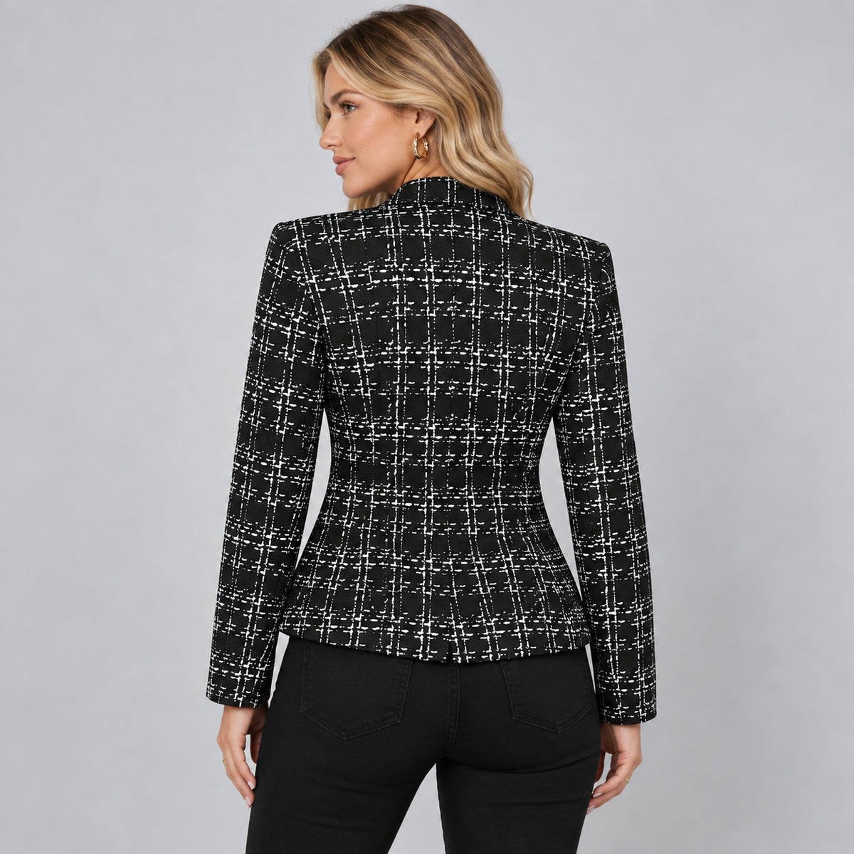 Delphine | Women's Check Cropped Blazer Open Front Stand Collar