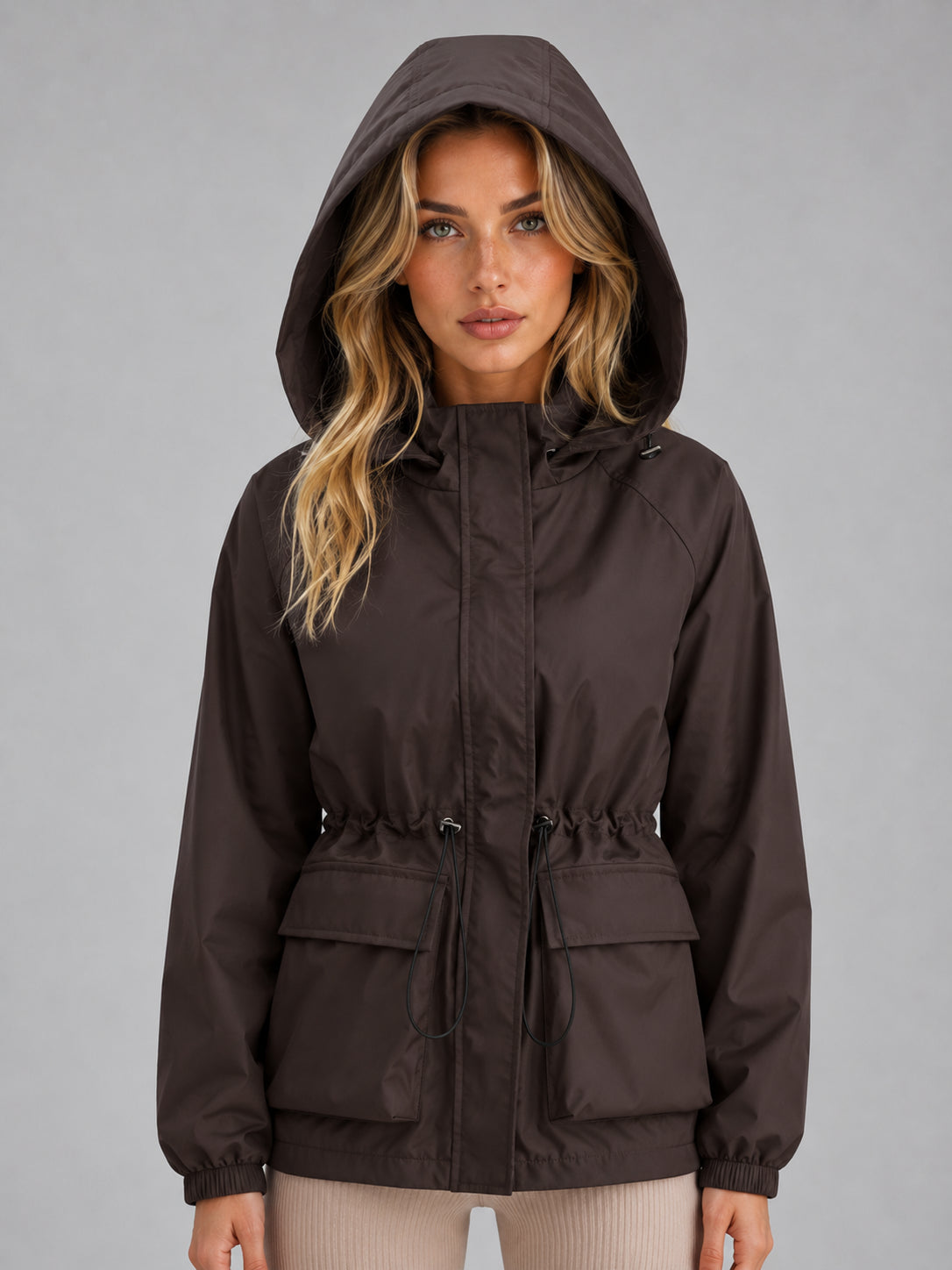 Delphine | Women's Hooded Rain Jacket Drawstring Waist Water Wind Resistant Autumn