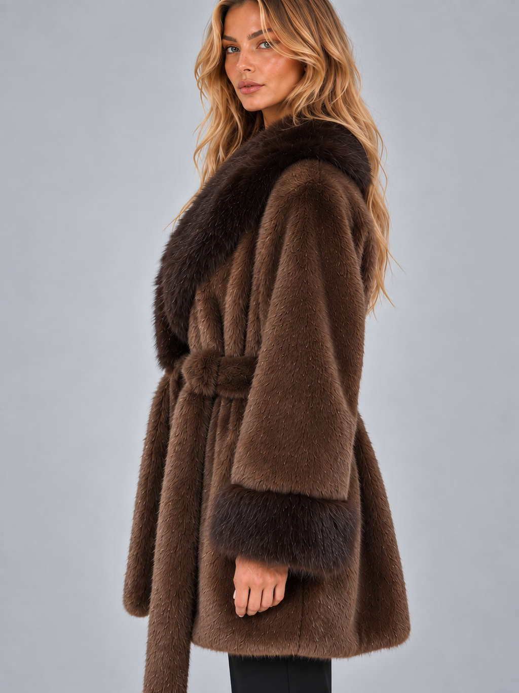 Delphine | Women's Faux Fur Trim Belted Coat Shawl Collar Wrap Jacket