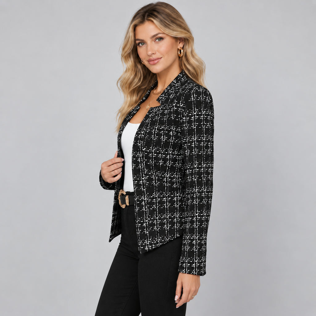 Delphine | Women's Check Cropped Blazer Open Front Stand Collar