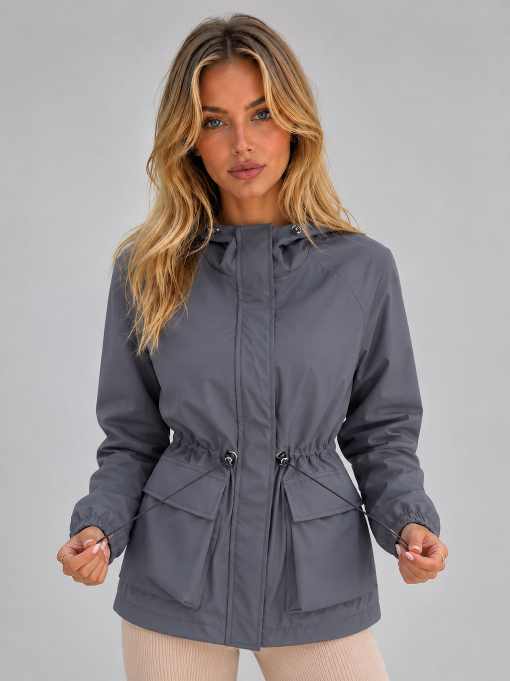 Delphine | Women's Hooded Rain Jacket Drawstring Waist Water Wind Resistant Autumn