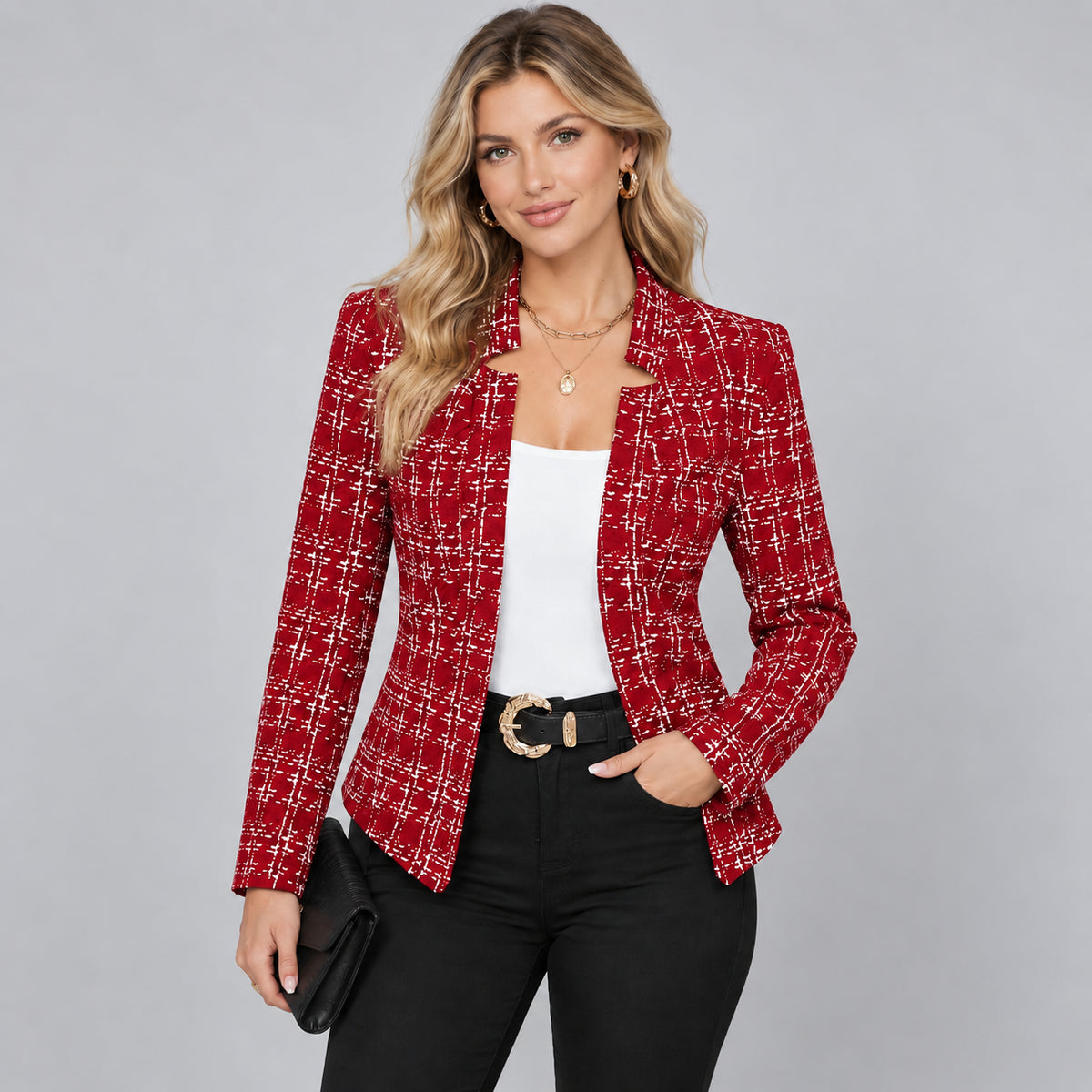 Delphine | Women's Check Cropped Blazer Open Front Stand Collar