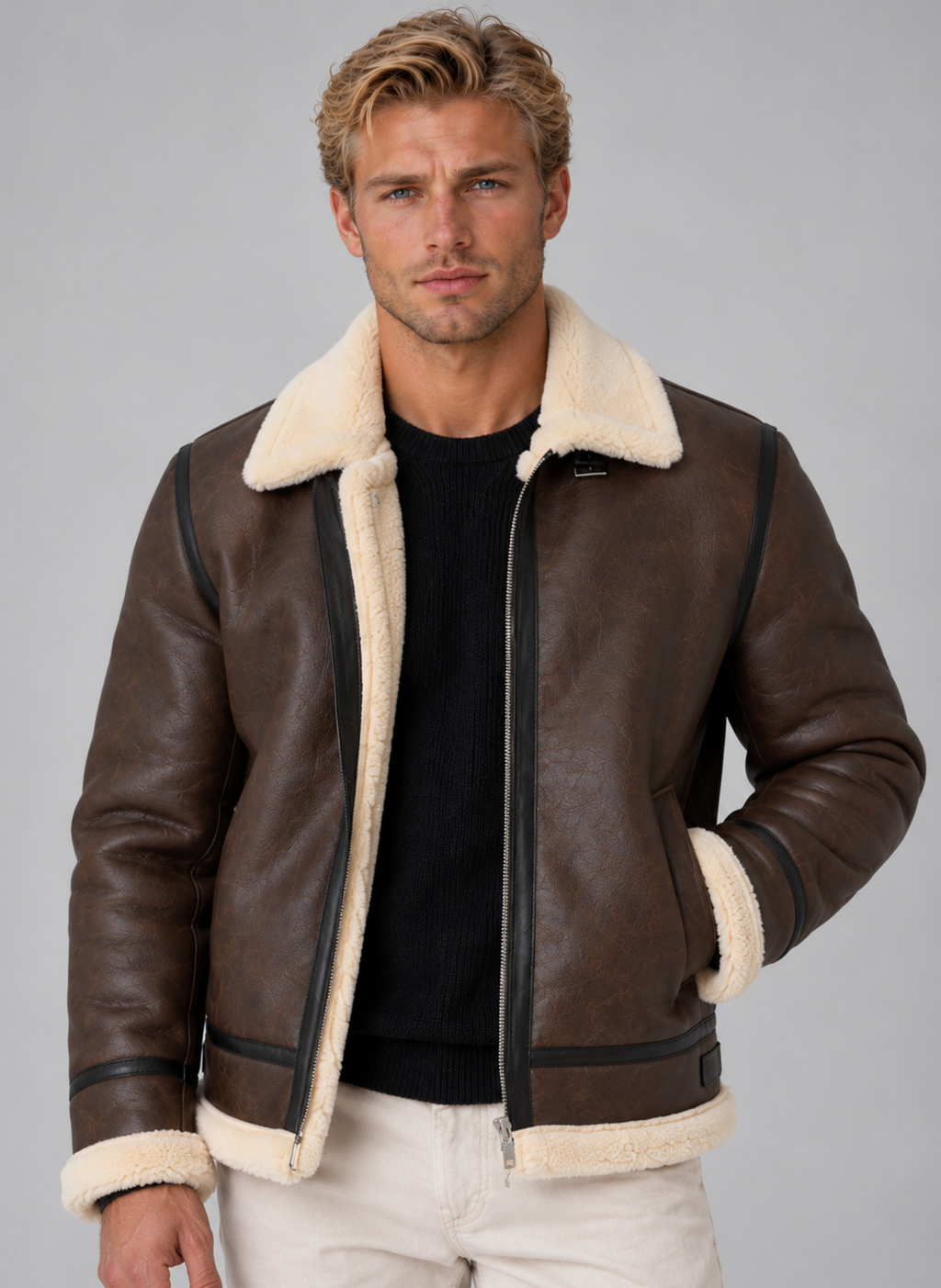 Dorian | Men's Faux Leather Aviator Jacket Sherpa Lined Full Zip Coat