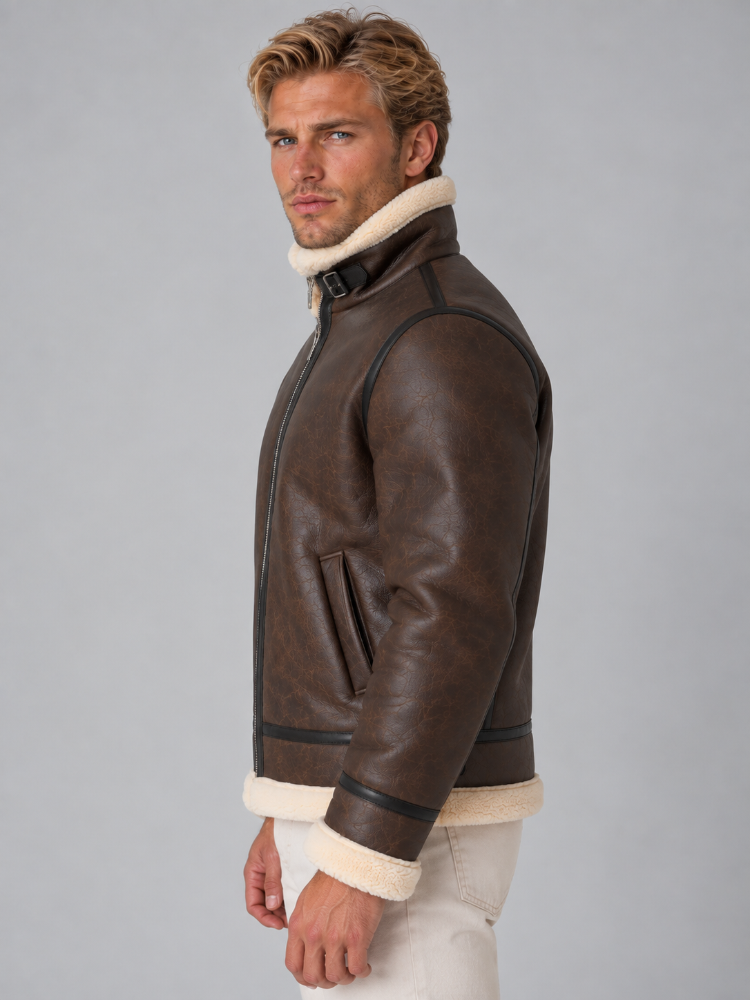 Dorian | Men's Faux Leather Aviator Jacket Sherpa Lined Full Zip Coat