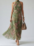 Giselle | Women's Gathered Halter Midi Dress, Summer Dress - Sage Green