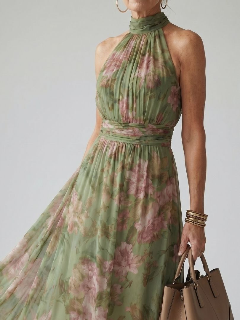 Giselle | Women's Gathered Halter Midi Dress, Summer Dress - Sage Green