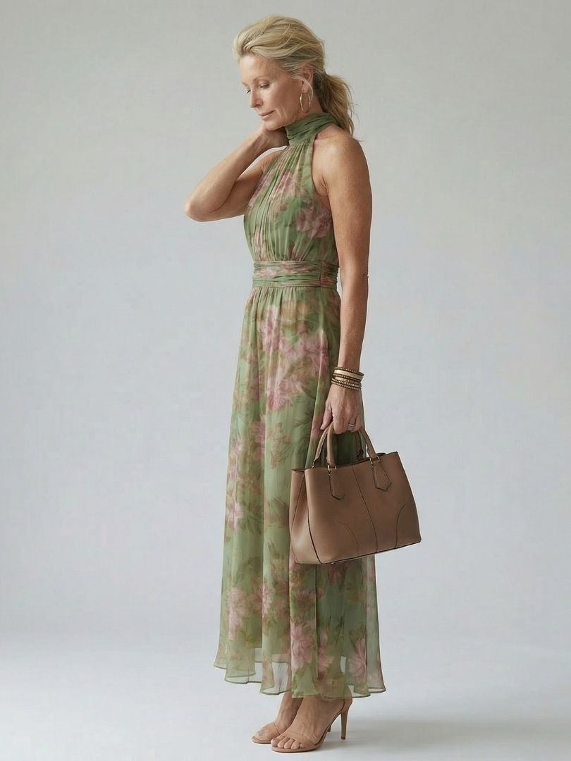 Giselle | Women's Gathered Halter Midi Dress, Summer Dress - Sage Green