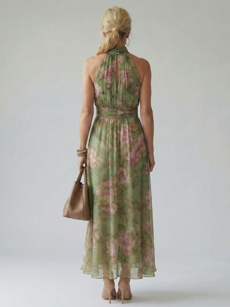 Giselle | Women's Gathered Halter Midi Dress, Summer Dress - Sage Green