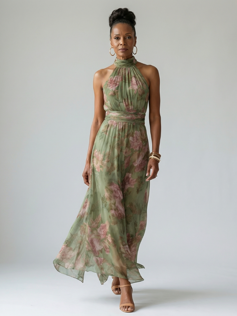 Giselle | Women's Gathered Halter Midi Dress, Summer Dress - Sage Green