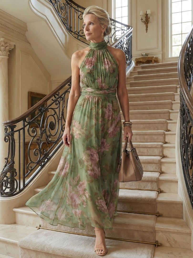 Giselle | Women's Gathered Halter Midi Dress, Summer Dress - Sage Green