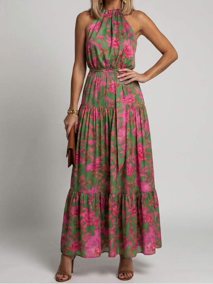 Delphine | Women's Draped Halter Midi Dress, Floral Summer Dress - Floral