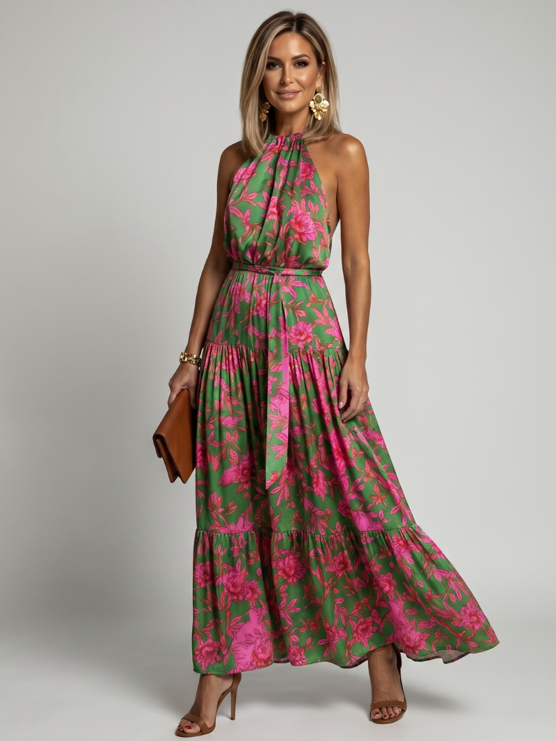 Delphine | Women's Draped Halter Midi Dress, Floral Summer Dress - Floral