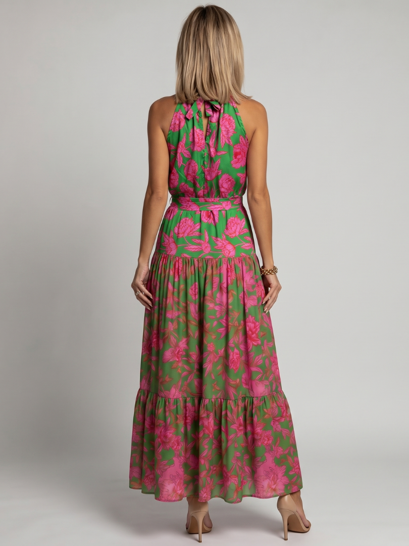 Delphine | Women's Draped Halter Midi Dress, Floral Summer Dress - Floral
