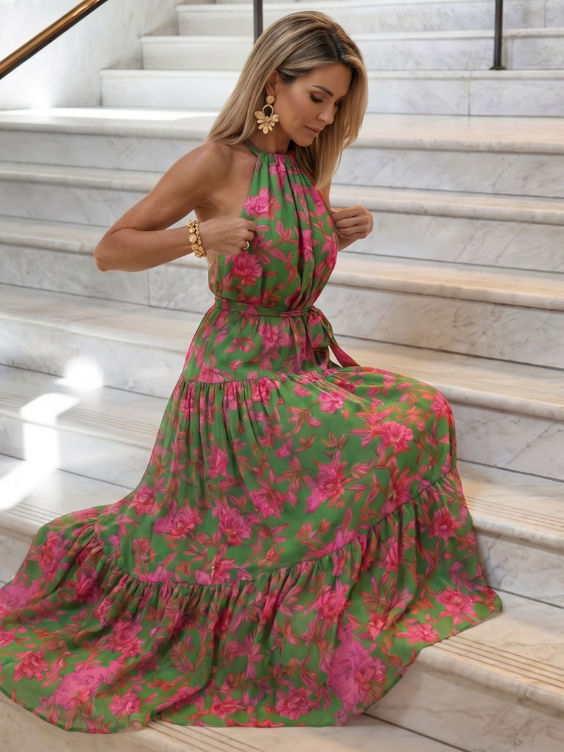 Delphine | Women's Draped Halter Midi Dress, Floral Summer Dress - Floral