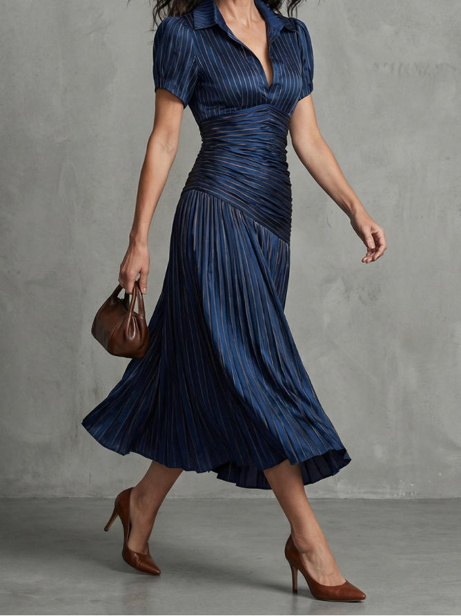 Vera | Women's Pleated Waistline Midi Dress, Stripe Summer Dress