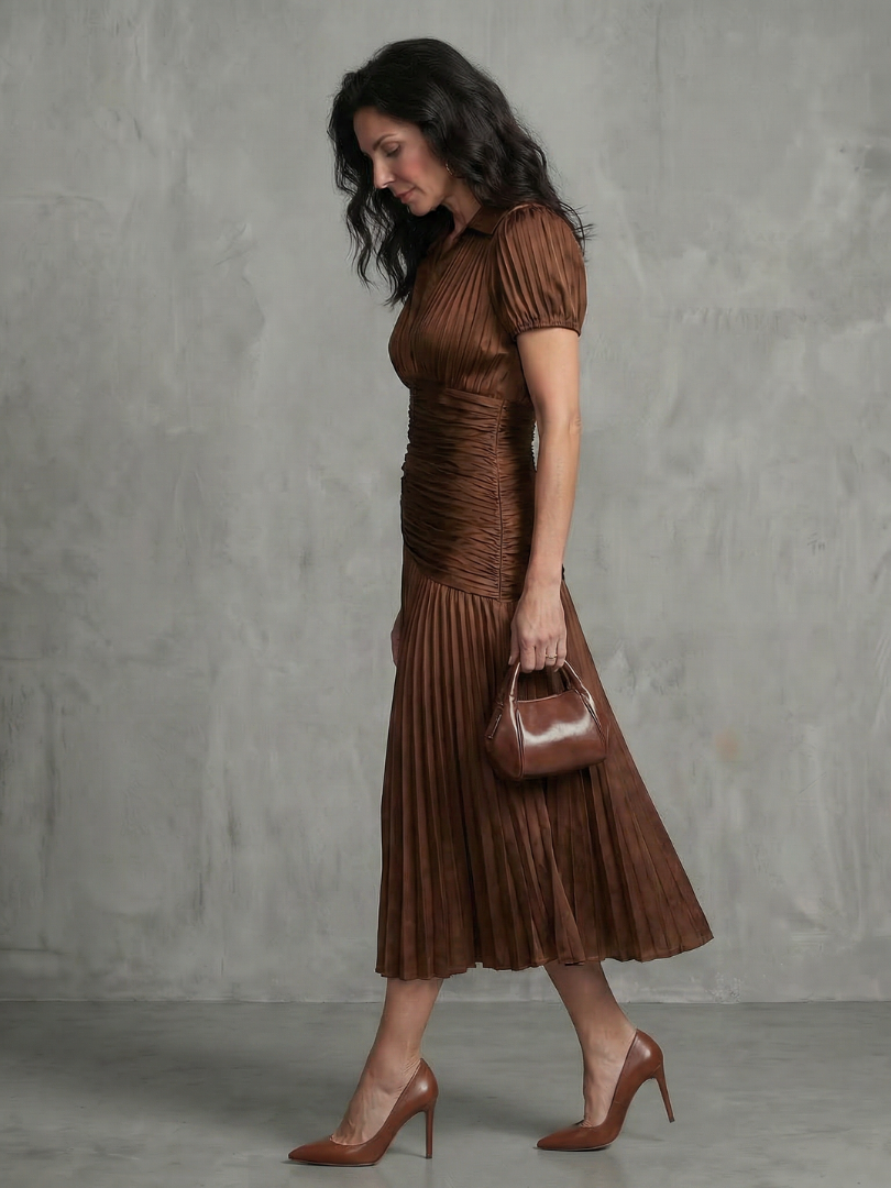 Vera | Women's Pleated Waistline Midi Dress, Stripe Summer Dress