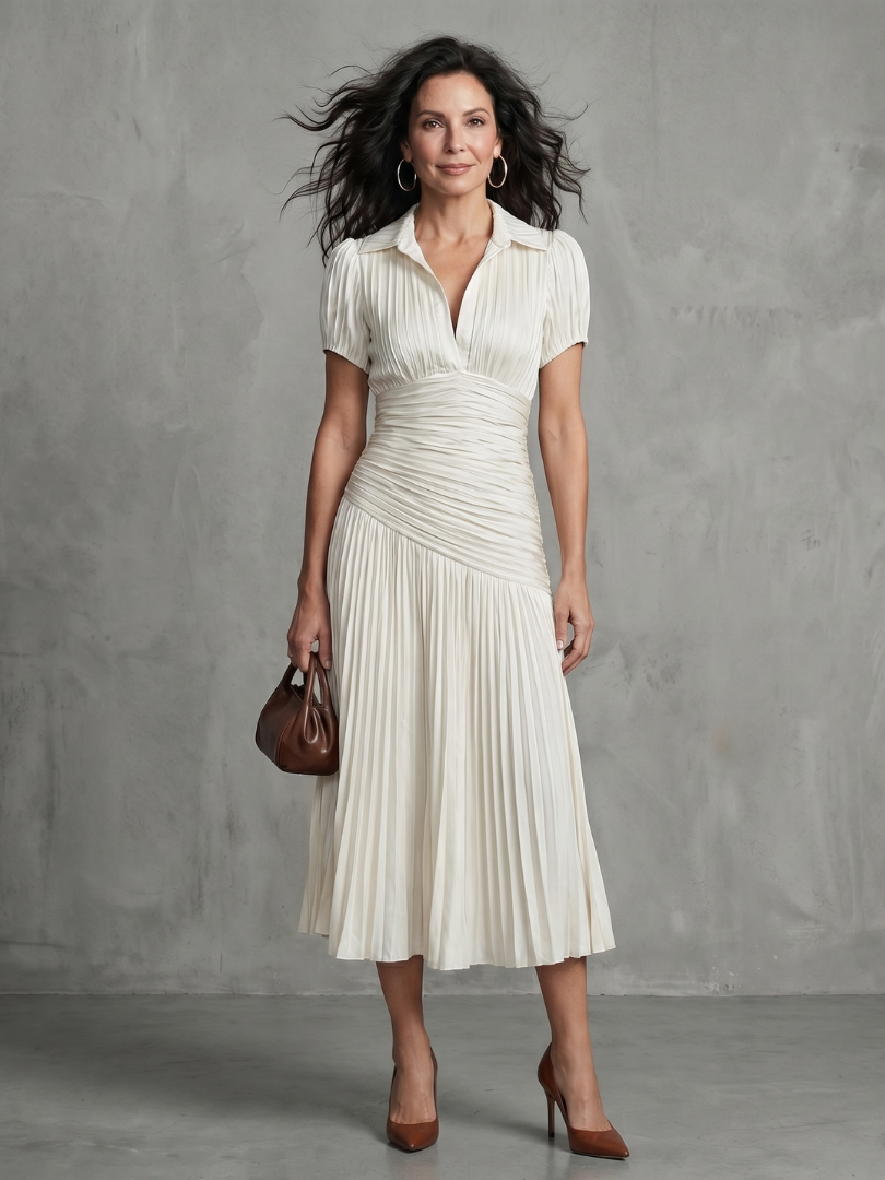 Vera | Women's Pleated Waistline Midi Dress, Stripe Summer Dress