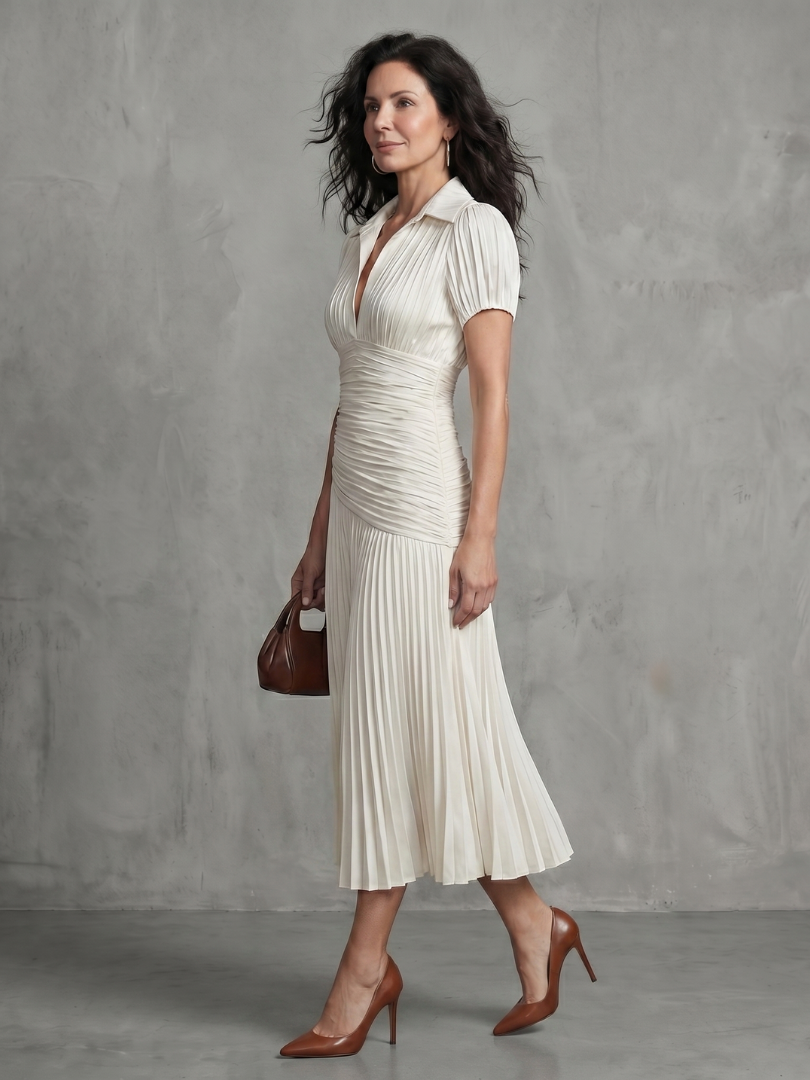 Vera | Women's Pleated Waistline Midi Dress, Stripe Summer Dress