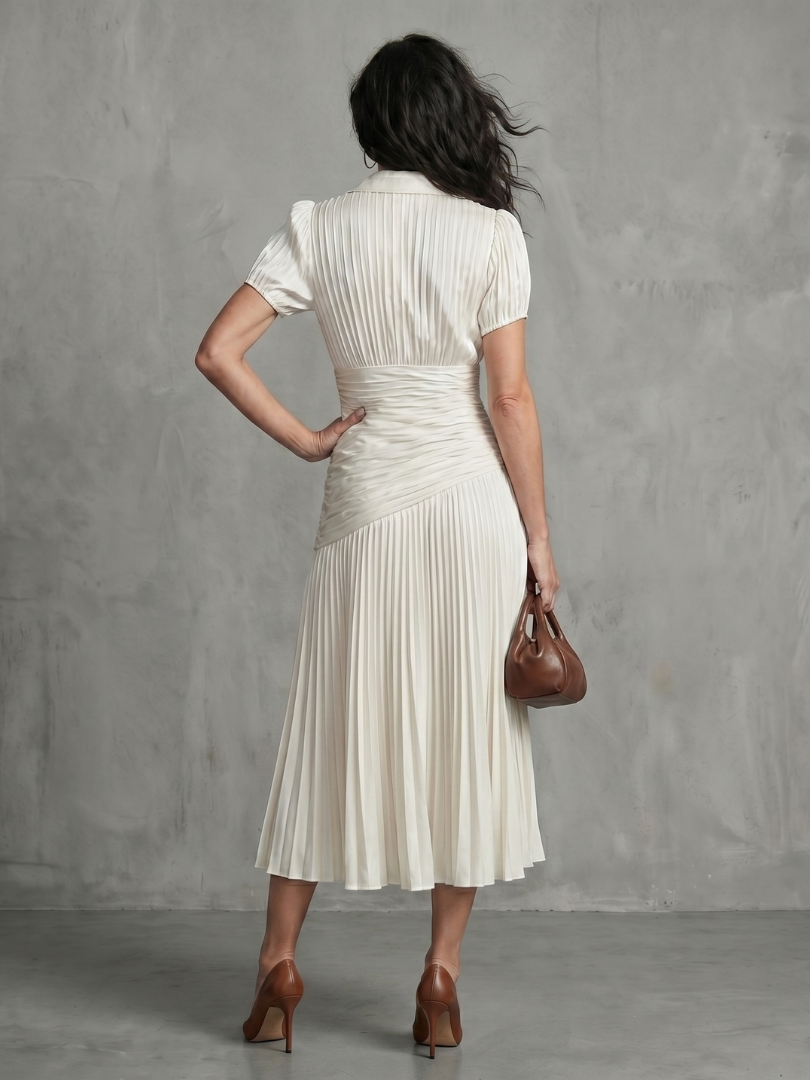 Vera | Women's Pleated Waistline Midi Dress, Stripe Summer Dress