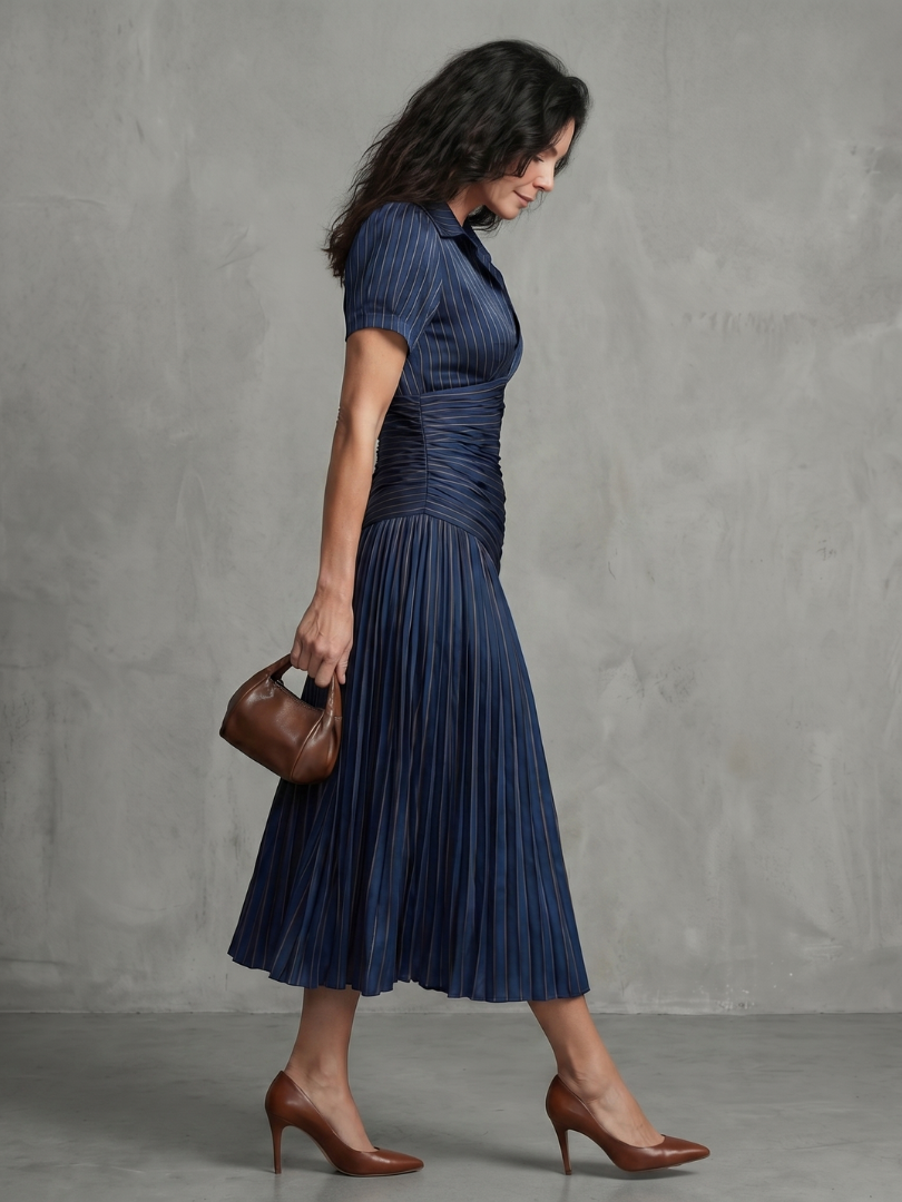 Vera | Women's Pleated Waistline Midi Dress, Stripe Summer Dress