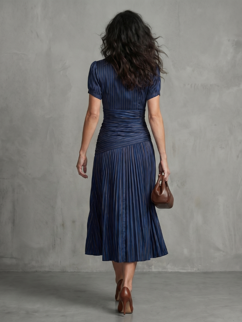 Vera | Women's Pleated Waistline Midi Dress, Stripe Summer Dress